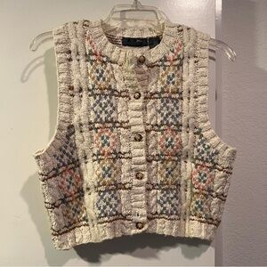 Vintage Cream Cable Knit Button-Front Sweater Vest with Multicolor Fair Isle